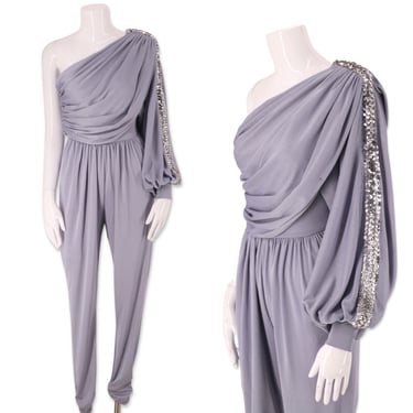 80s CLIMAX disco jumpsuit S, vintage 1980s David Howard one shoulder one piece, Studio 54 outfit gray small 