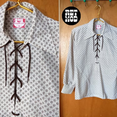 Groovy Vintage 60s 70s Brown & White Print Collared Lace-Up Shirt 