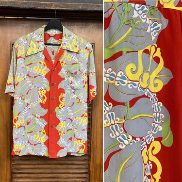 Vintage 1940’s “Kamehameha” Label Vertical Print Rayon Hawaiian Shirt, 40’s Rayon Shirt, 40’s Hawaiian Shirt, Vintage Clothing 