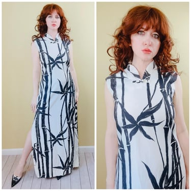 1970s Vintage Carol Mary Triacetate Bamboo Print Maxi Dress / 70s Mandarin Collar Side Slit Gown / Size Large 