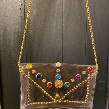 1980s clear purse, jeweled shoulder bag, acrylic clutch, rainbow jewels, studded purse, 80s shoulder bag, cross body, envelope, carrie 