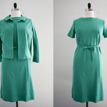 1960s Kelly Green Knit Dress, Jacket, and Tie Belt 