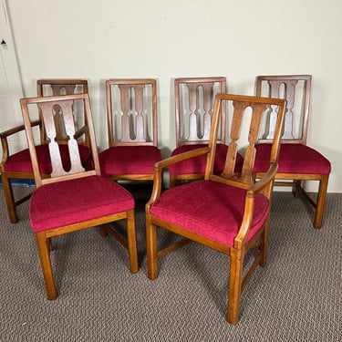 Set Of 6 Mid Century Modern Walnut Chairs With Red Seats By Henredon 