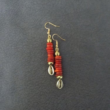 Orange wooden and gold cowrie shell earrings 