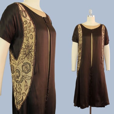 1920s Dress / 20s Silk Satin Beaded Dress / Short Sleeve / Lamé Embroidery 