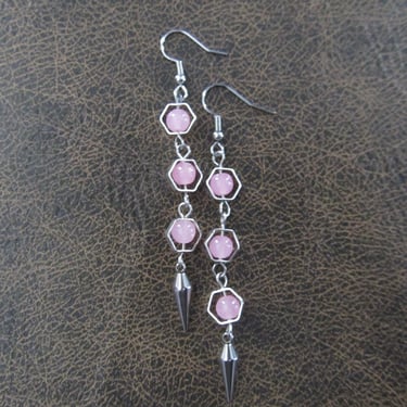 Silver and pink agate geometric hexagon earrings 