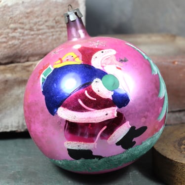 RARE! Vintage Hand-Painted Glass Santa Ornament | Pink Santa Ornament | Mid-Century Santa Glass Ornament | Bixley Shop 