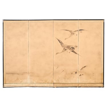 Japanese Meiji Four Panel Screen Wild Geese Over Reeds