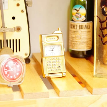 Vintage Rumors Quartz Miniature Brass Flip-Phone Mantel Clock, Small Standing Analog Clock, Cute Desk Tchotchke, Japan Movt, 2.5&quot; Tall 