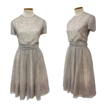 Vtg 50s Karen Stark for Harvey Bevin Glam Silver Metallic Rhinestone Party Dress 