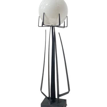 Brutalist Wrought Iron Sculptural Floor Lamp with Glass Shade by Jean Maylon 