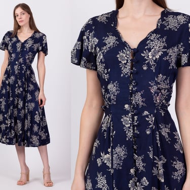 90s Navy Floral Corset Cinched Waist Midi Dress - Small | Vintage Grunge Button Front Short Sleeve Rayon Sundress 