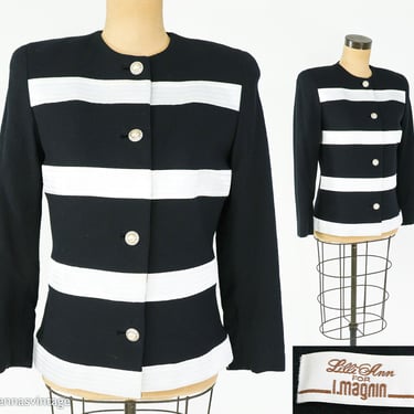 Lilli Ann | 1980s Black Wool & White Satin Jacket | 80s Black White Stripe Blazer | Lilli Ann | Medium 