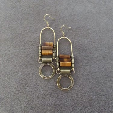 Chandelier earrings, Afrocentric earrings, bronze ethnic statement earrings, chunky bold earrings, African earrings, tiger's eye earrings 2 