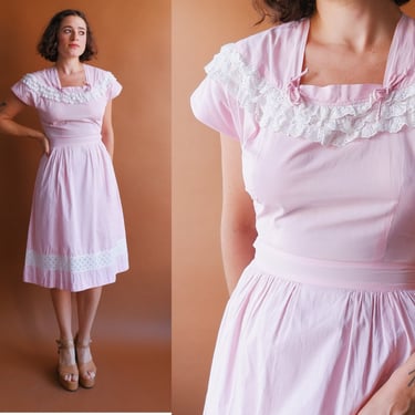 Vintage 40s 50s Pink Cotton Dress with Eyelet Trim/ 1940s 1950s Square Neck Dress/ Size Small 25 
