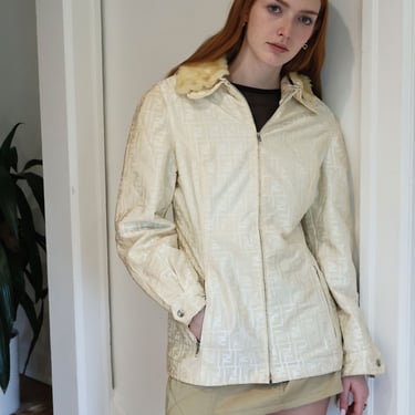 Vintage FENDI Zucca Cream Nylon Hourglass Ski Jacket with Removable Fur Collar + Silver Hardware FF XS S M Quilted Interior Coat 