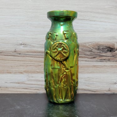 Zsolnay RARE Miner Vase of Good Luck Eosin Green Gold - Hungarian Art Pottery 