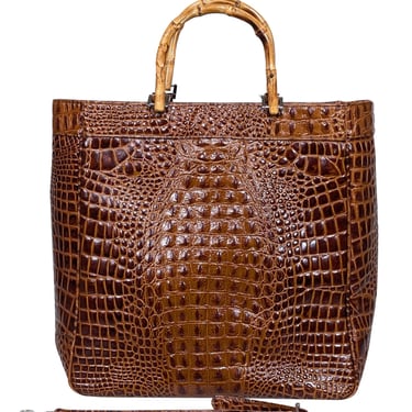 Eric Brand - Brown Croc Embossed Tote w/ Bamboo Handles & Detachable Strap