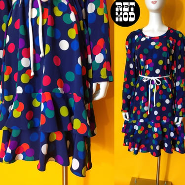 Pop Vintage 80s Colorful Polka Dot Ruffle Bottom Dress by Ms Chaus 