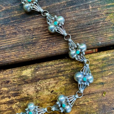 1940's Sterling Bracelet - Ball Settings with Small Turquoise Stones - Southwestern Style  8 Inches Long 