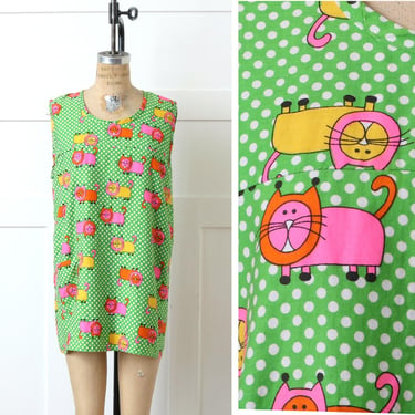 vintage kitschy cat print top • neon green mod 1960s polka dot cotton art smock 