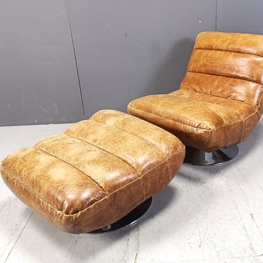 Vintage leather swivel chair with stool, 1970s - mid century lounge chair - design lounge chair - vintage lounge chair 