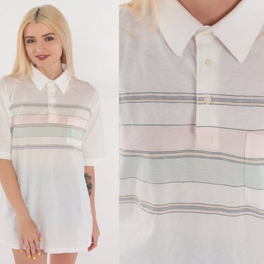 White Striped Polo Shirt 80s Collared T-Shirt Retro Half Button Up Short Sleeve TShirt Preppy Pastel Green Pink Vintage 1980s Large L 