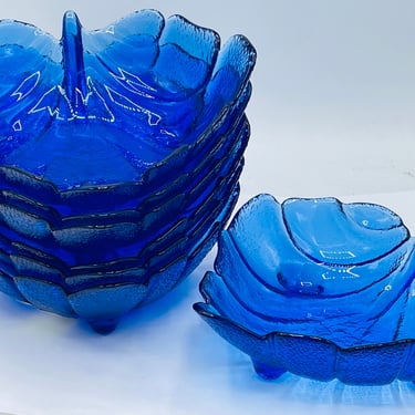 Set of (6) Vintage Cobalt Blue Leaf Shaped footed  Bowls 6”- Chip Free 