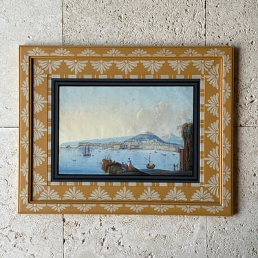 19th C. Neapolitan Gouache of the View of Naples by Day I Circa 1830 in Yellow Gusto Painted Frame VIII