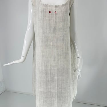 Antique French Embroidered Natural Rustic Linen Shift Dress Slip Dress Med-LG