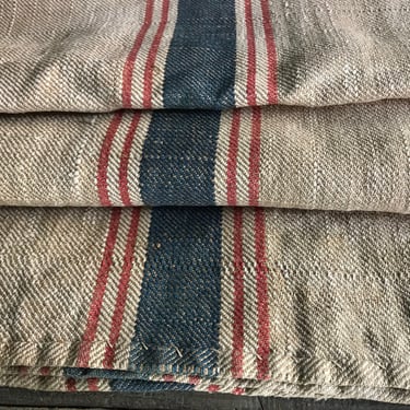 French Hemp Sack, Blue Red Stripe, Grain, Hessian Burlap Bag, Upholstery, Sewing Projects 