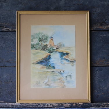 Charming Vintage Dutch Watercolor Painting Windmill on a Stream with Geese Signed Foster 
