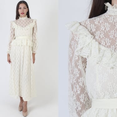 70s Off White Lace Bridal Dress / Cream Sheer Wedding Gown / Peplum Floral Bridesmaids Outfit / High Collar Lace Victorian Maxi 