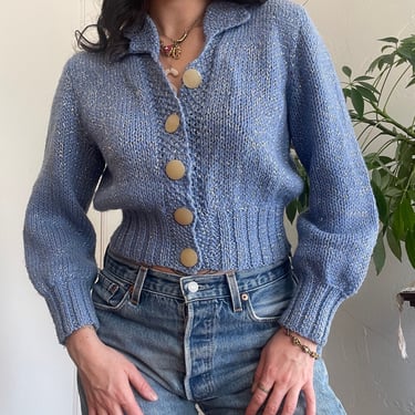 1940s Lurex Sky Blue Sweater with Cream Buttons size Medium 