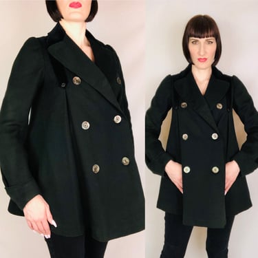 Antique Edwardian 1900s 1910s Black Wool + Velvet Double Breasted Trapeze Swing Coat / Peacoat 