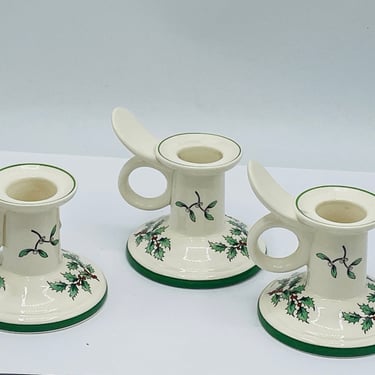 Spode Christmas Holiday Tree Tapered Candle Stick Holder Holly Set of 2 