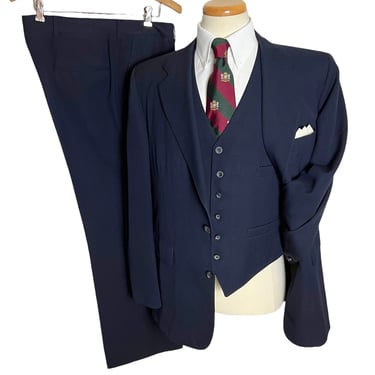 Vintage 1970s NORDSTROM Wool Gabardine 3pc Navy Suit ~ size 42 R ~ vest / waistcoat ~ pants / jacket / sport coat ~ 70s ~ 