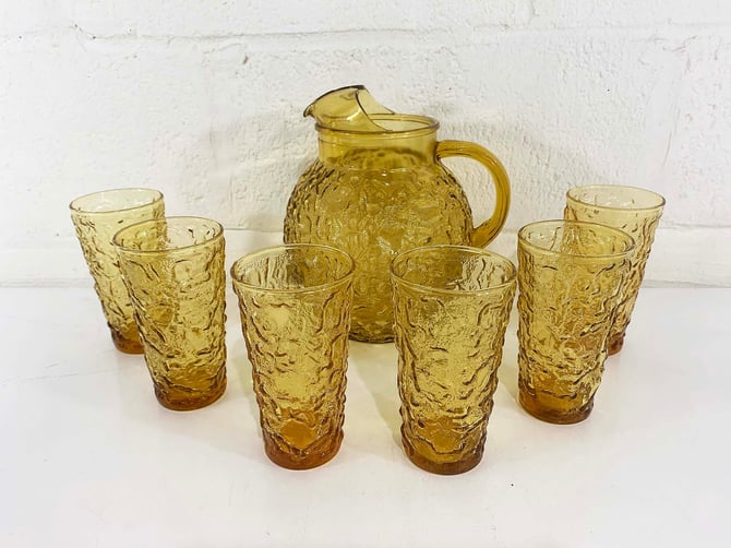 Vintage Amber Glass Pitcher & Glasses Set Yellow Lido Milano Crinkle Mid-Century Colorful Serving Dinner Party Cookout Party 1960s 
