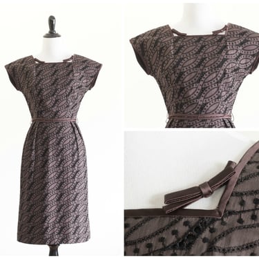 1950s brown eyelet sheath dress with satin belt 