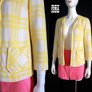 Chic Vintage 60s Yellow Beige Plaid Linen Style Blazer by Jerell of Texas 