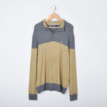 Vintage 90s Tan & Grey Knit Button-Collar Sweater - oversized, camp sweater, pullover - Men's L 