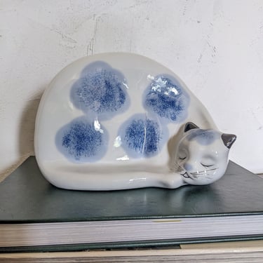 Vintage Flambro Blue and White Ceramic Sleeping Cat 