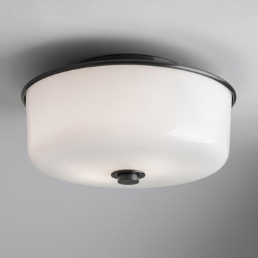 Modern Flush Mount Ceiling Light - 12 Inch Round Opal White Hand Blown Glass Shade - Made In USA 