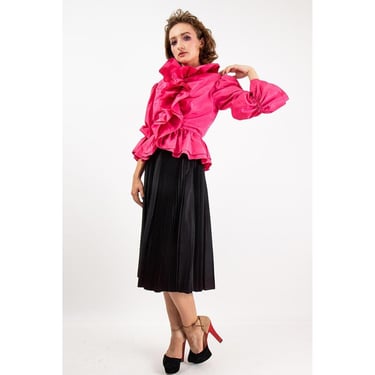 Vintage hot pink ruffled flounce blouse / 1970s 1980s frilly peplum deadstock top 