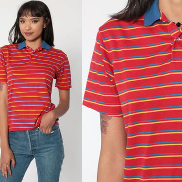 Sasson Polo Shirt 80s Red Striped Shirt Half Button Up Shirt Blue Retro Collared 1980s Nerd Geek Vintage Short Sleeve Small 