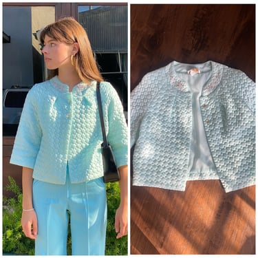 60s 70s Quilted Bed Jacket Cottage Core baby blue floral embroidery S M 