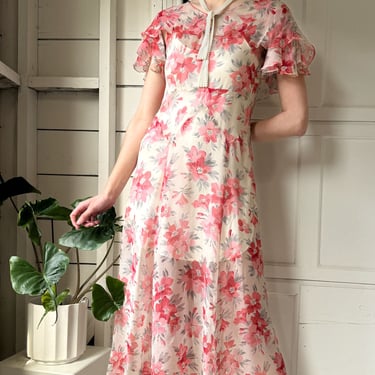 30s Floral Silk Chiffon Dress | S