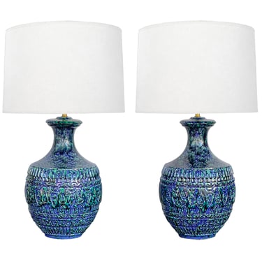 Large Pair 1960s Blue &amp; Teal Drip Glaze Bulbous-form Lamps with Textured Surface