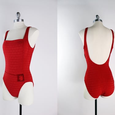 90s Red Jantzen Belted Swimsuit / 90s does 50s /Size 10 