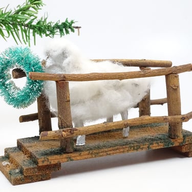 Antique German Sheep on Twig Bridge, Hand Made  for Putz or Christmas Nativity Creche, Vintage Decor 